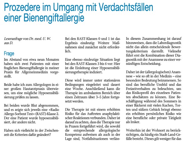 Prozedere im Umgang mit Verdachtsfällen einer Bienengiftallergie
